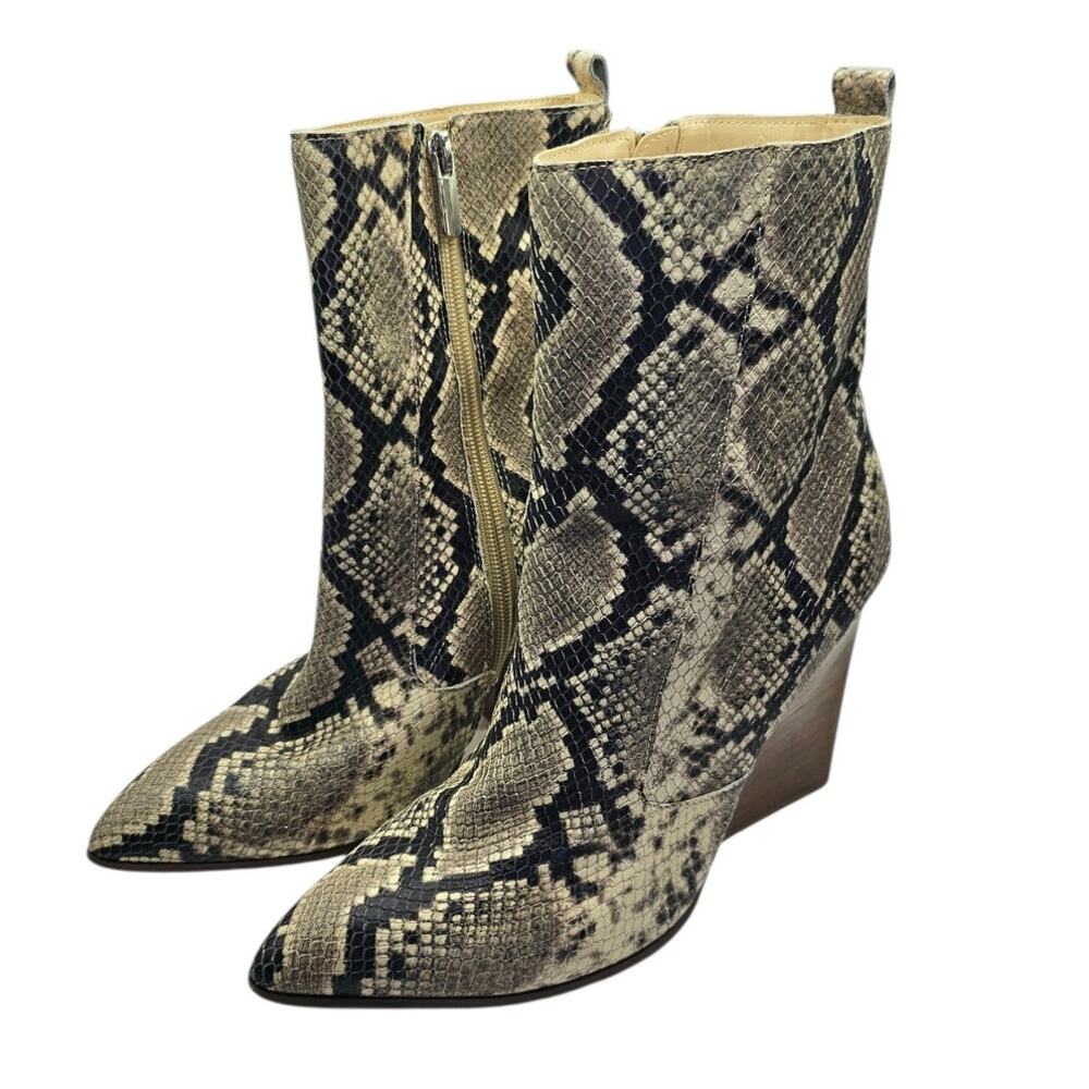 Bleecker & Bond Tan Gray Snakeskin Kailey Heeled Pointed Toe Ankle Boots - Picture 2 of 9